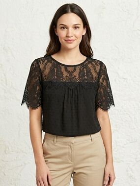 Xhilaration Boho Lace Black Blouse XS Crochet Yoke Swiss Dot Tie Back Top